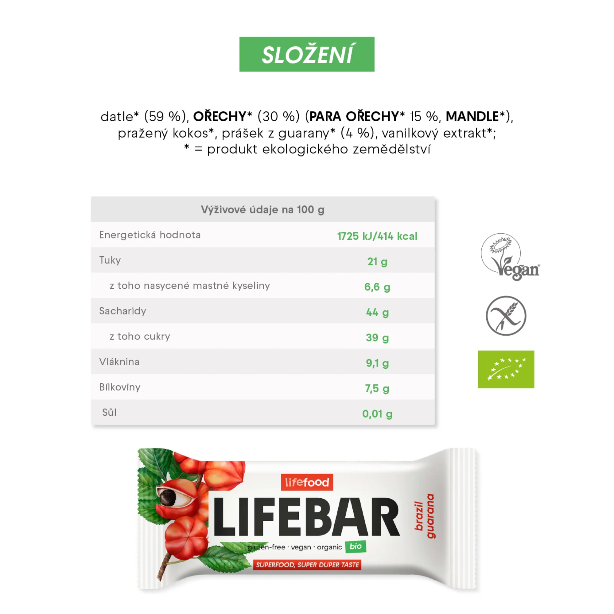 Lifefood Tyčinka Lifebar s para ořechy a guaranou BIO (40 g) - Image 2