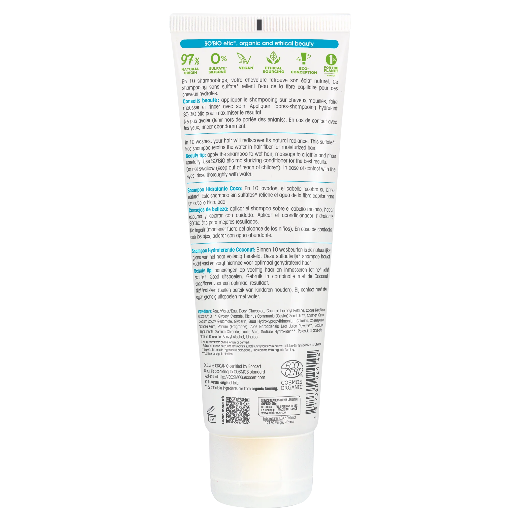 SO’BiO étic Šampon hydratační kokos a kyselina hyaluronová BIO (250 ml) - Image 2