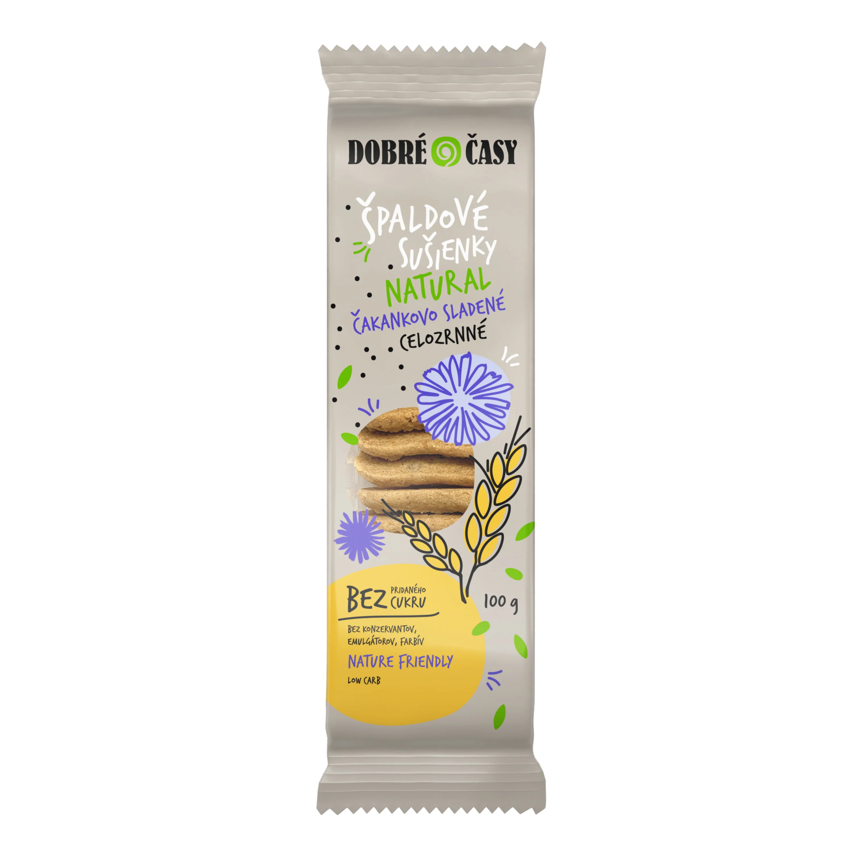 Sušenky špaldové celozrnné natural s čekankovým slazením 100 g DOBRÉ ČASY