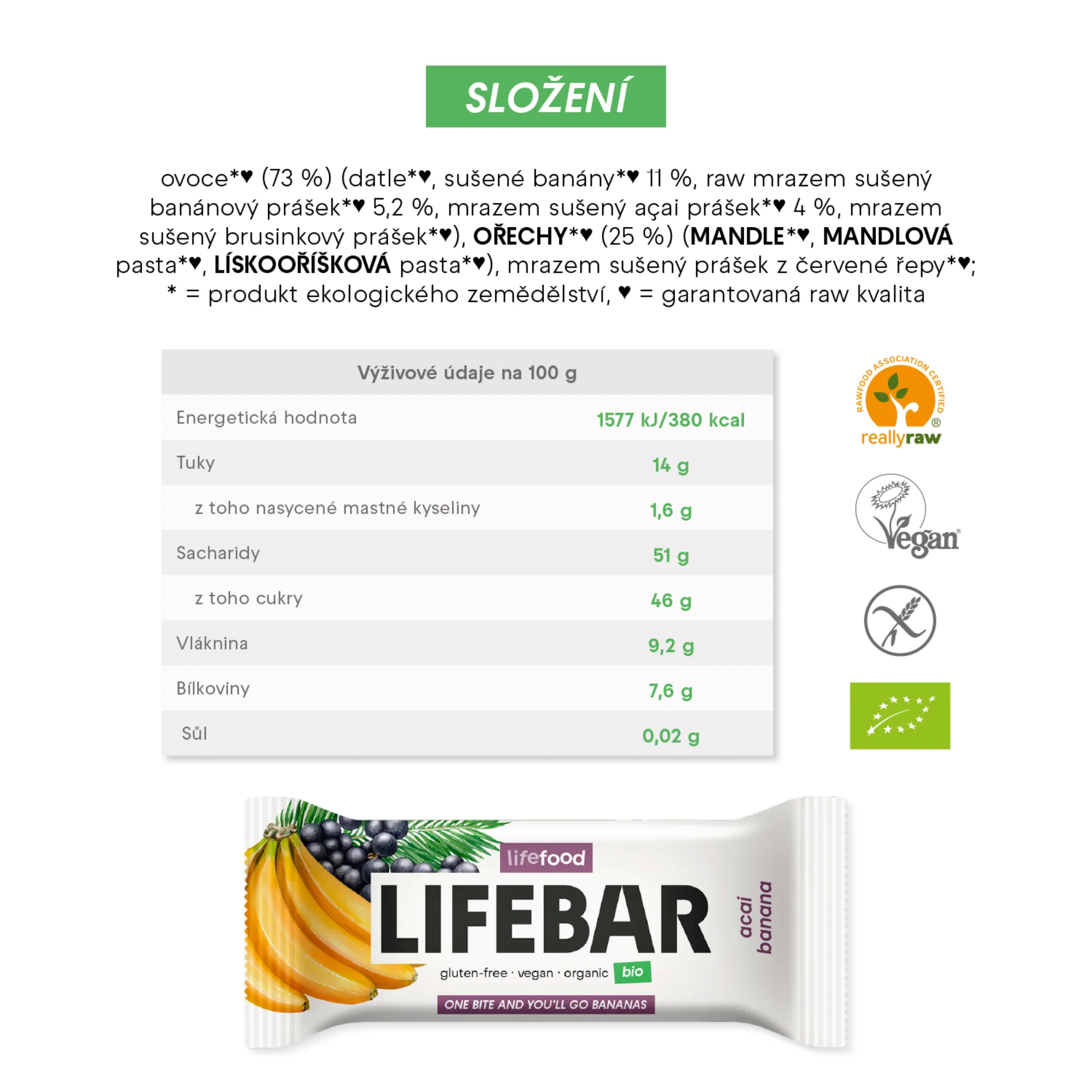 Lifefood Tyčinka Lifebar banánová s acai RAW BIO (40 g) - Image 2