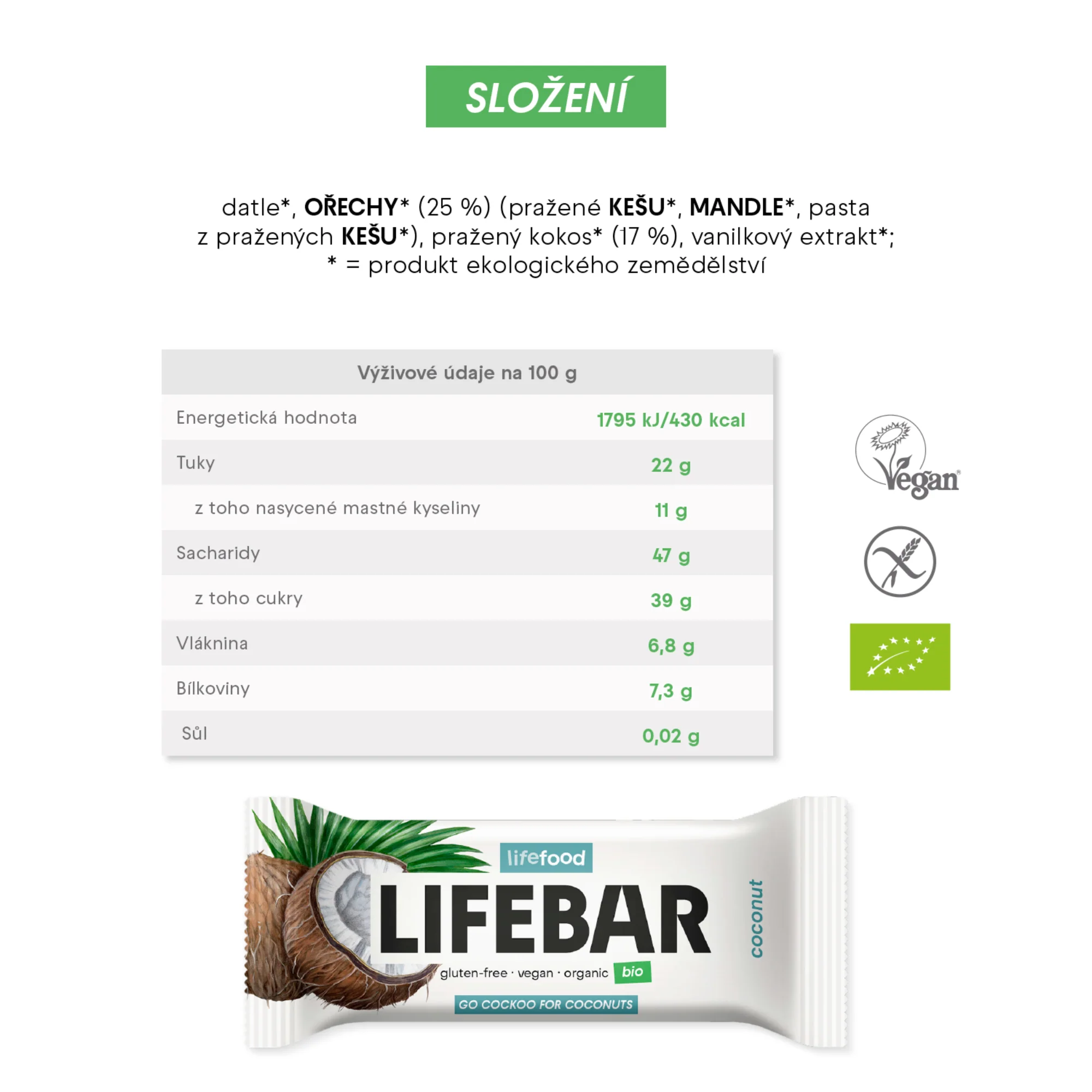 Lifefood Tyčinka Lifebar kokosová RAW BIO (40 g) - Image 2