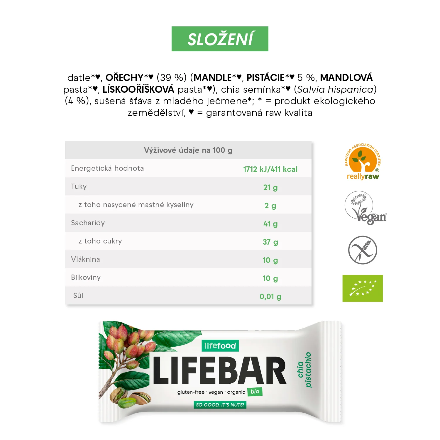 Lifefood Tyčinka Lifebar pistáciová s chia RAW BIO (40 g) - Image 2