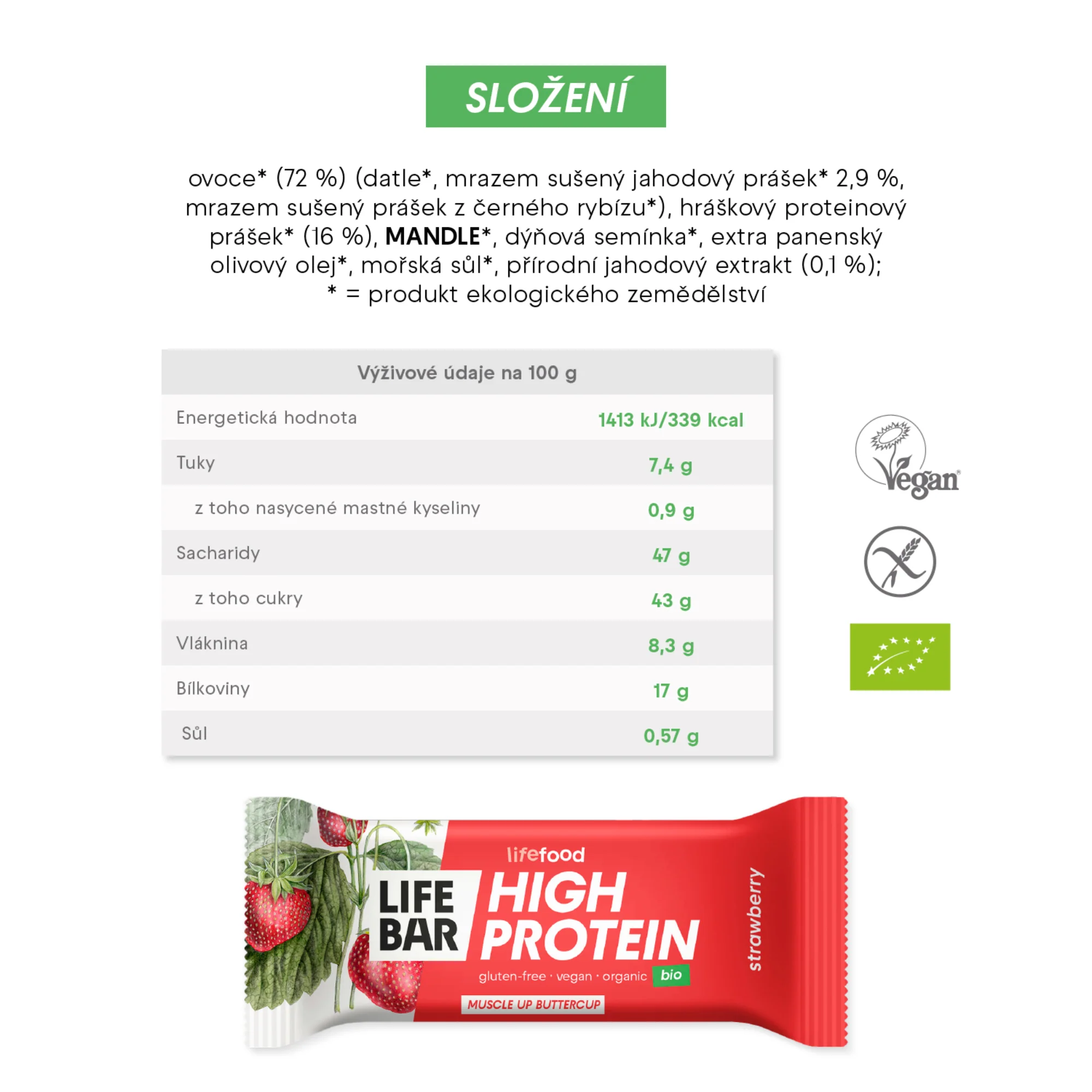 Lifefood Tyčinka Lifebar proteinová s jahodami BIO (40 g) - Image 2