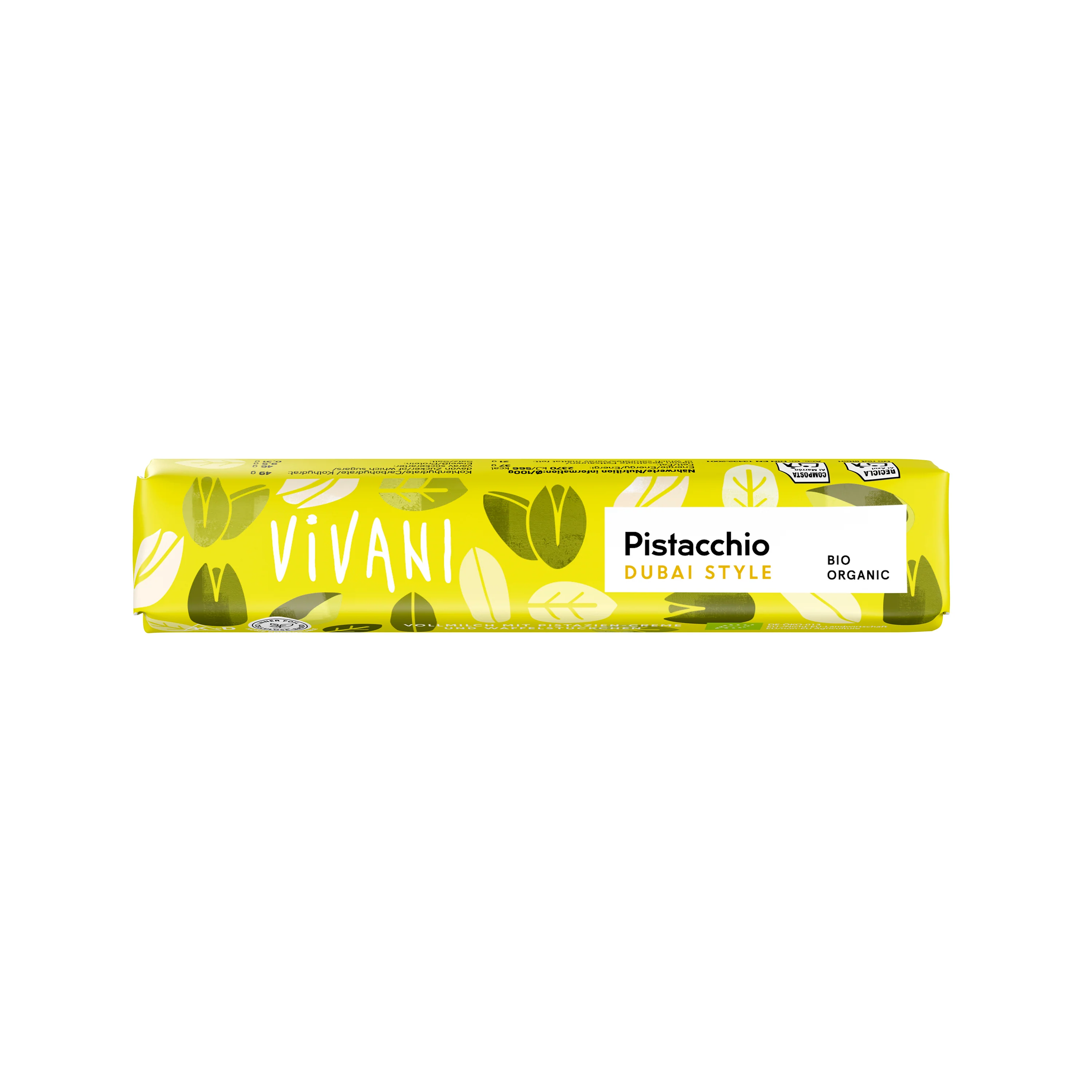 Vivani Tyčinka mléčná čokoláda Pistacchio Dubai style BIO (40 g)