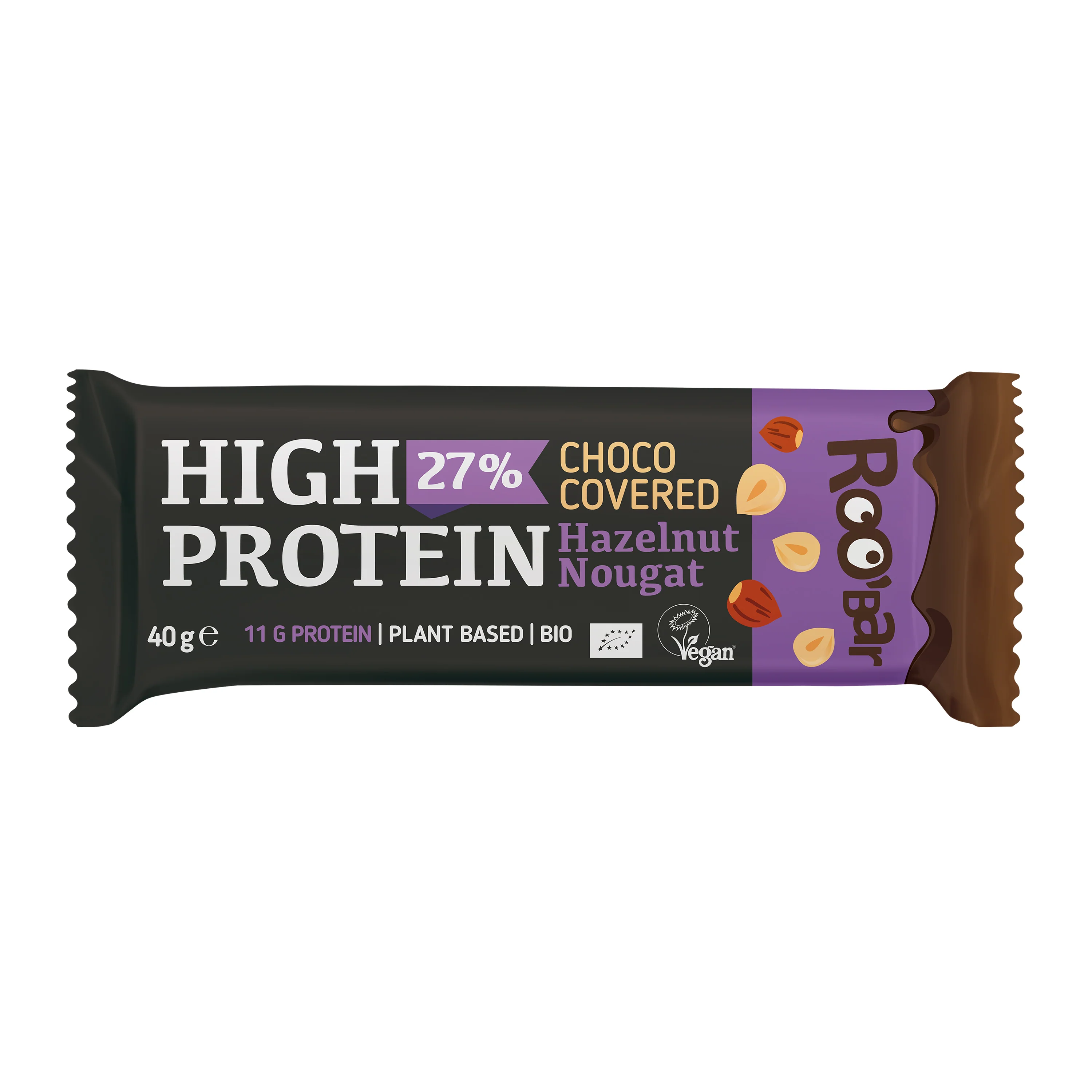 Tyčinka proteinová s nugátem z lískových ořechů v čokoládě veganská 40 g BIO ROO´BAR